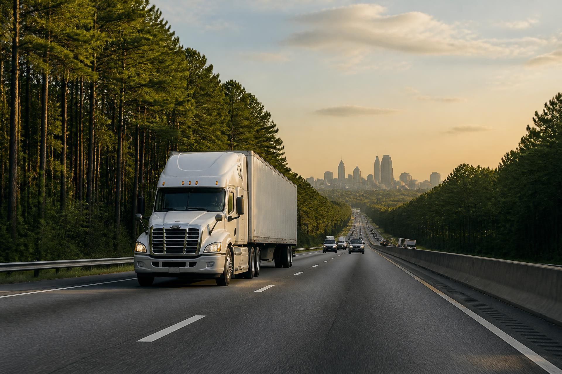 Dry van semi truck on a Southeast interstate highway lined with pines