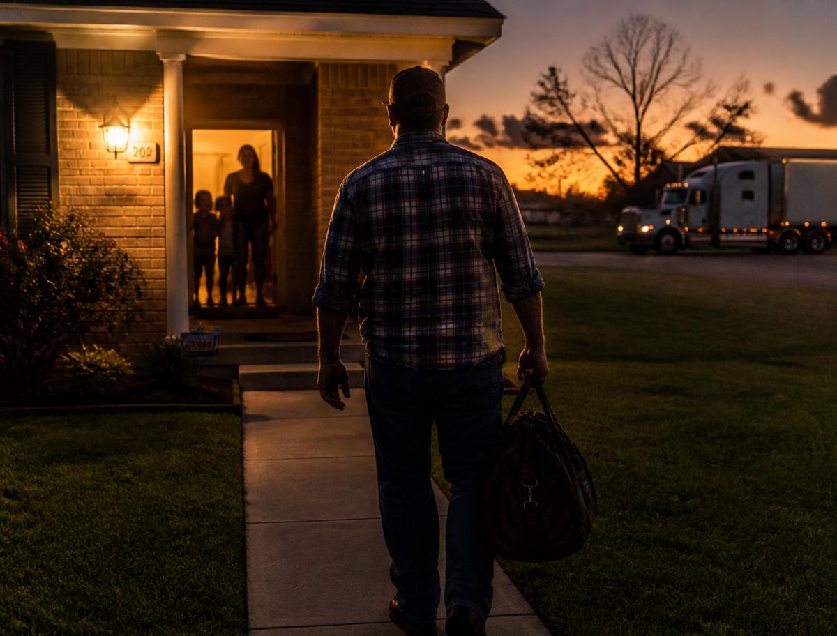 Driver arriving home at dusk with his truck parked nearby